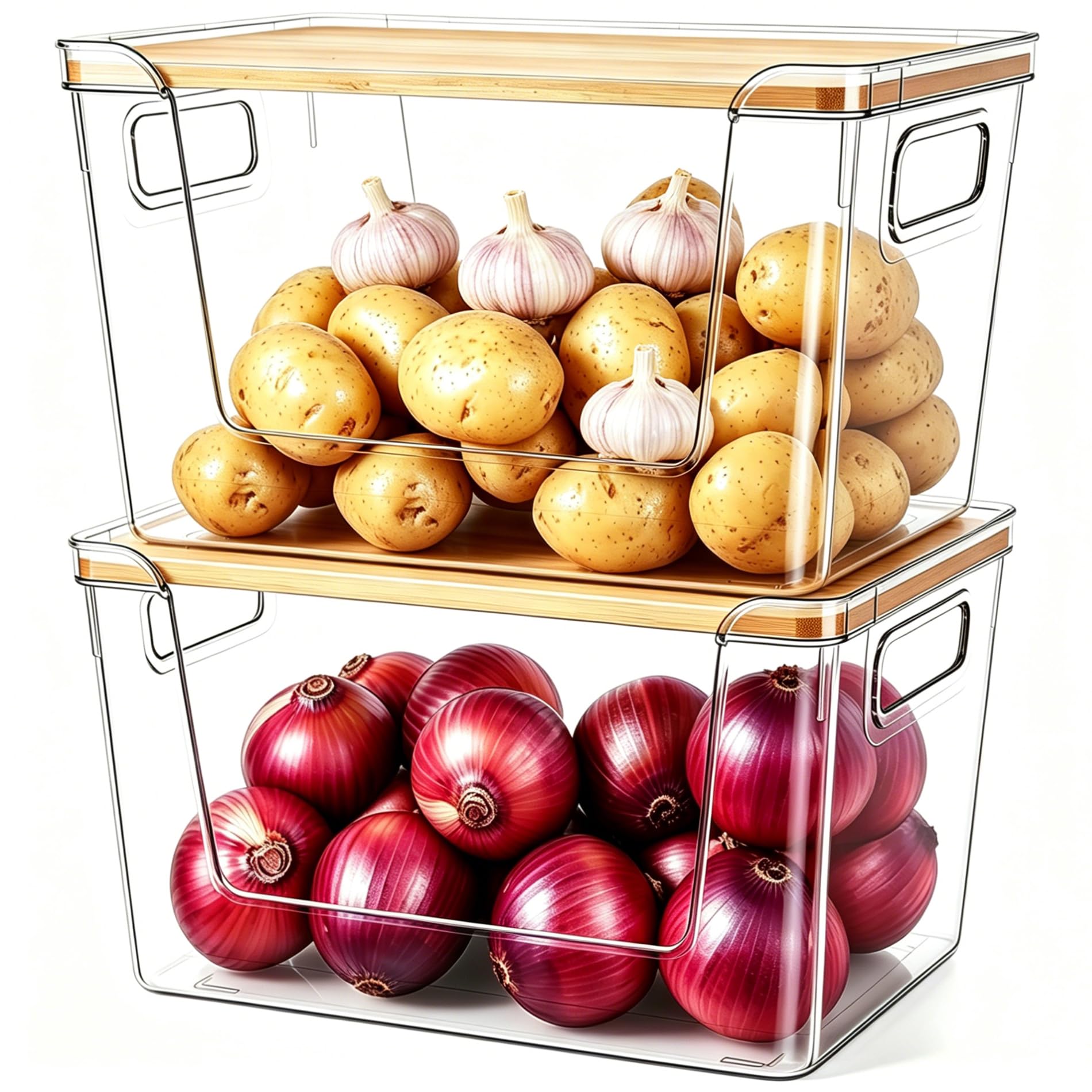 Hiziwimi 2 Set Pantry Organizers and Storage - Stackable Pantry Storage Bin Containers for Potato, Onion, Garlic, Fruit, Vegetable, Produce - Clear Front Open Kitchen Organization Baskets with Lid