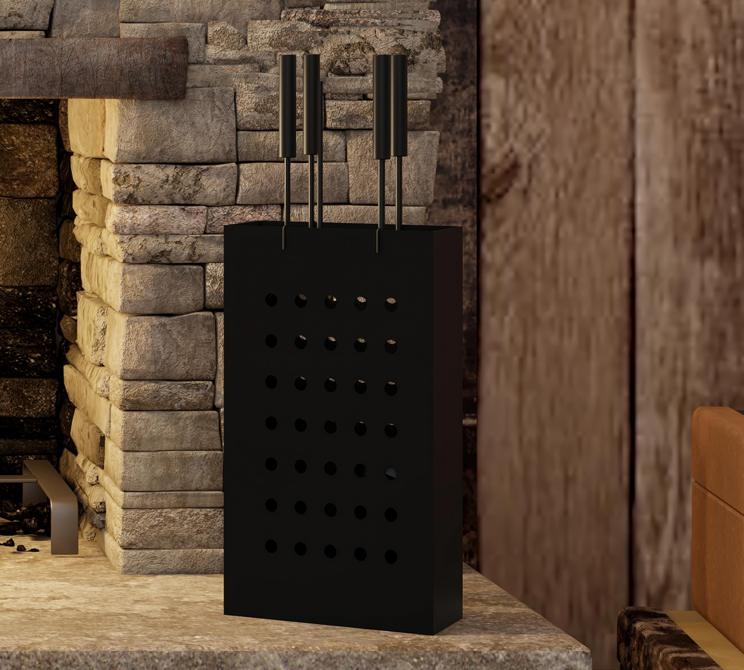 Kingson Ensemble de cheminée en fer noir avec seau à cendres rectangulaire – 4 outils de suspension (tisonnier, brosse, pelle, pince) – Ensemble d'outils de cheminée compact pour poêle à bois