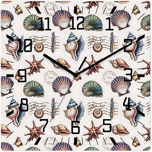 Debedcor Ocean Beach Wooden Wall Clock Silent Non Ticking, Starfish Seashell Conch Black and White Square Wall Clock Battery Operated, Decor Clock