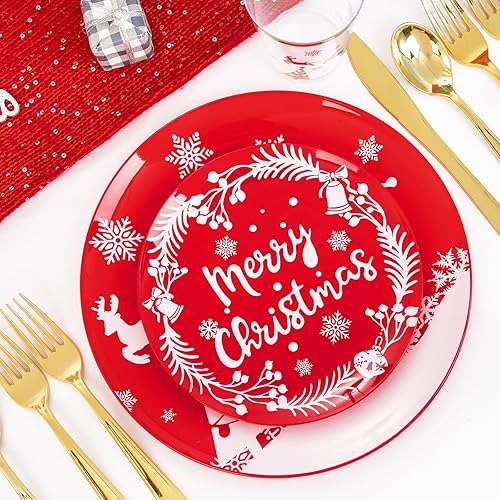 Miniatura 25 de LIYH 150 Pcs Plastic Christmas Dinnerware Set, Red Plastic Dinner Dessert Disposable Plates, Gold Silverware, Red Christmas Disposable Cups 10 OZ