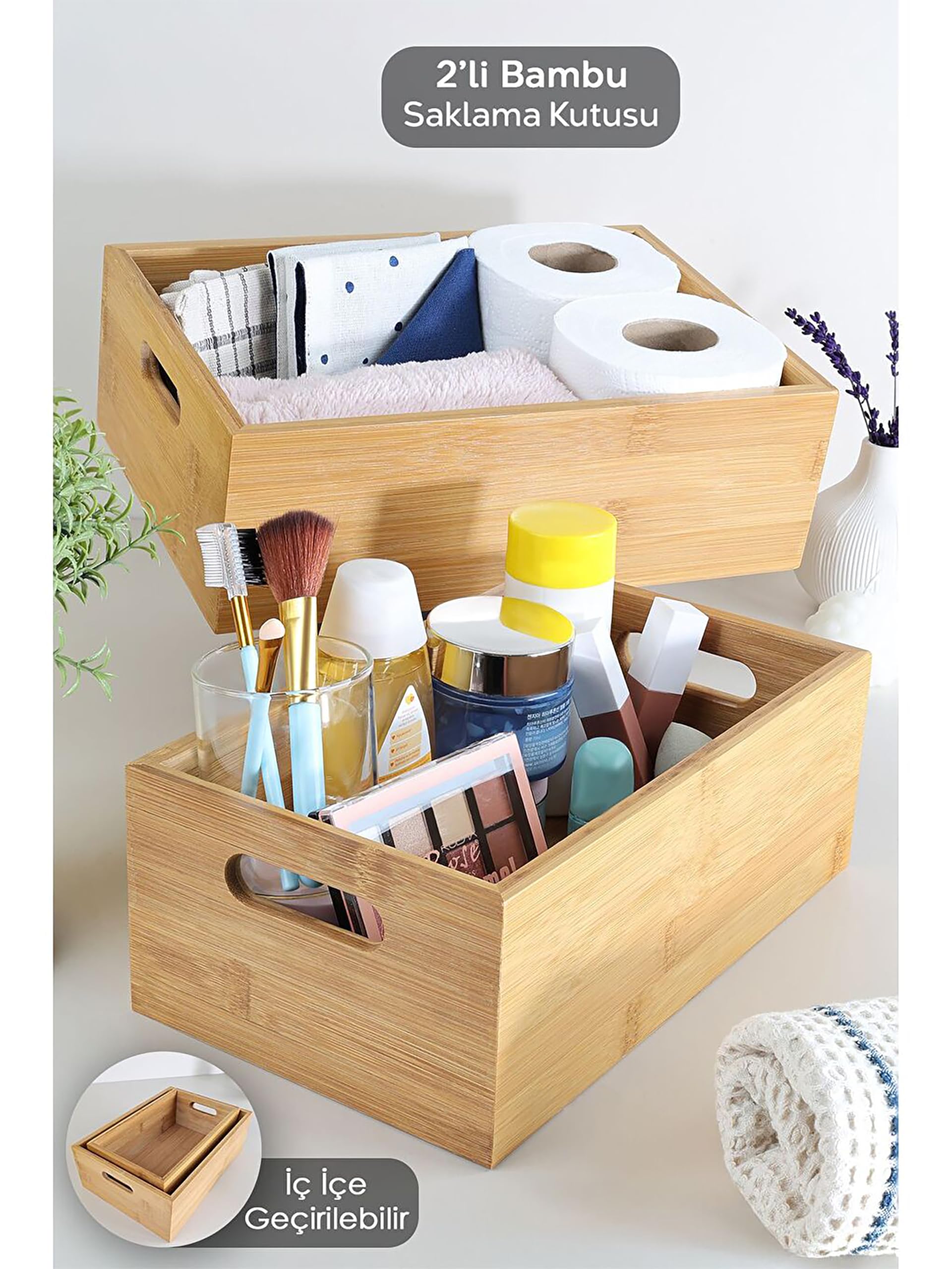 Promosyonca Bambu Organizer Kutusu 2'li Set, Doğal Bambu Saklama Kutuları, Tutma Kulplu, Çok Amaçlı Düzenleyici, 31x21.5x10.5 cm ve 28x16.5x10.5 cm