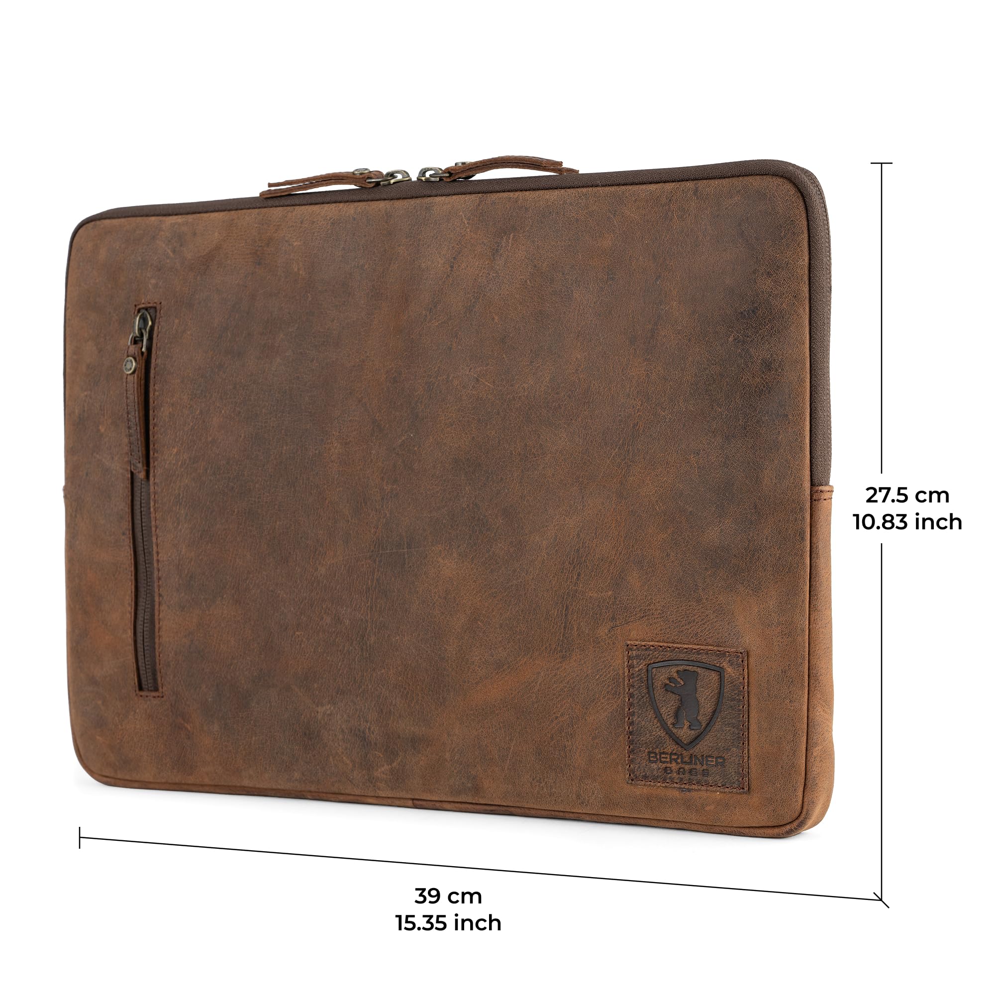 Berliner Bags Custodia per Laptop Nico Pollici in Vera Pelle Bovina, Sleeve Porta Computer con Zip e Tasca Esterna, Unisex – Marrone