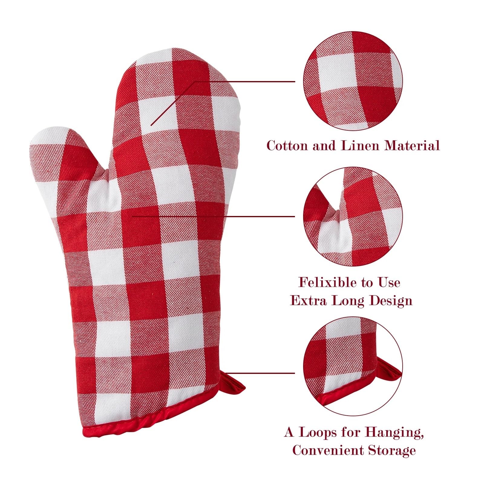 Manoplas Horno 6 manoplas de algodón rojas y blancas for horno con almohadilla térmica, guantes lavables a máquina con lazo for colgar for utensilios de cocina for hornear en el horno(PE-G0027B)