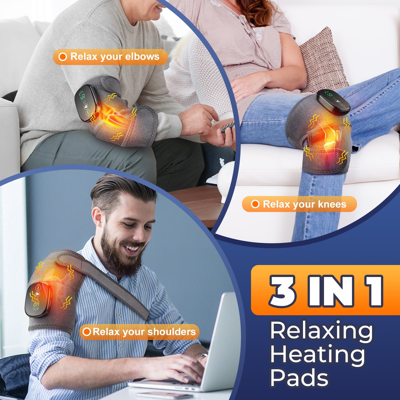 Masajeador de rodilla inalámbrico con calor, masajeador de rodilla 3 en 1 con calefacción para rodillera, codo y hombro, con 3 modos de vibración y calefacción