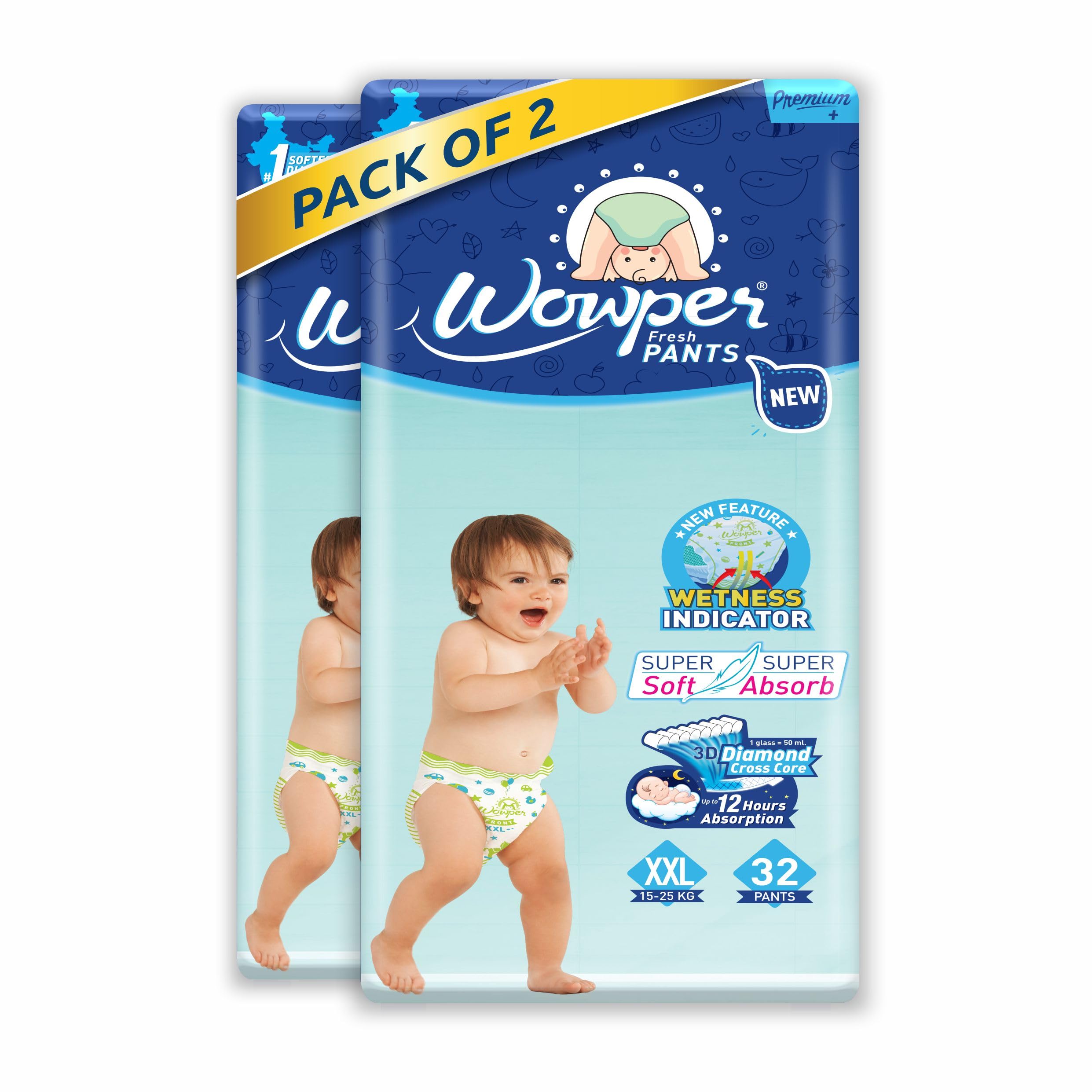 Wowper Fresh Baby Diapers Pants | Wetness Indicator | Upto 10 Hrs Absorption | XXL 32 Pack of 2 (XXL, 64)
