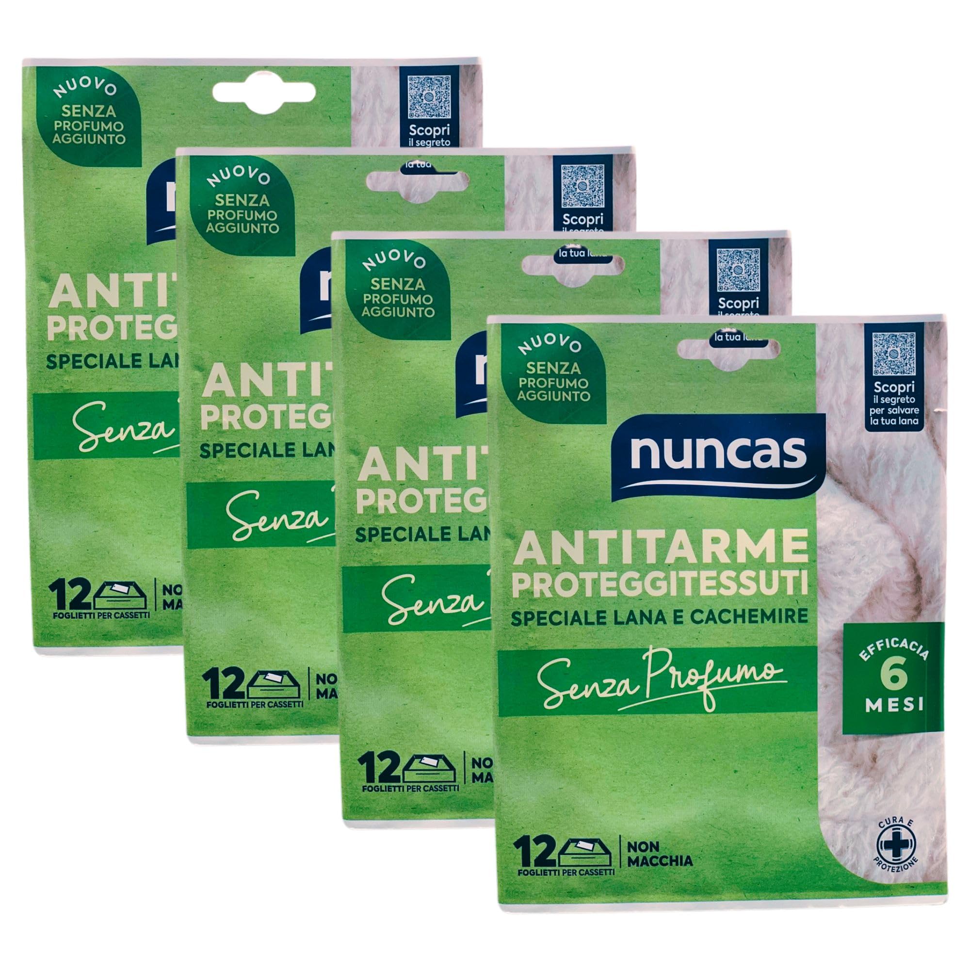 Foglietti Proteggi-Tessuti ANTITARME Per Cassetti, Speciale Lana e Cachemire, SENZA PROFUMO. Confezione Da 12 Foglietti (4 Confezioni)