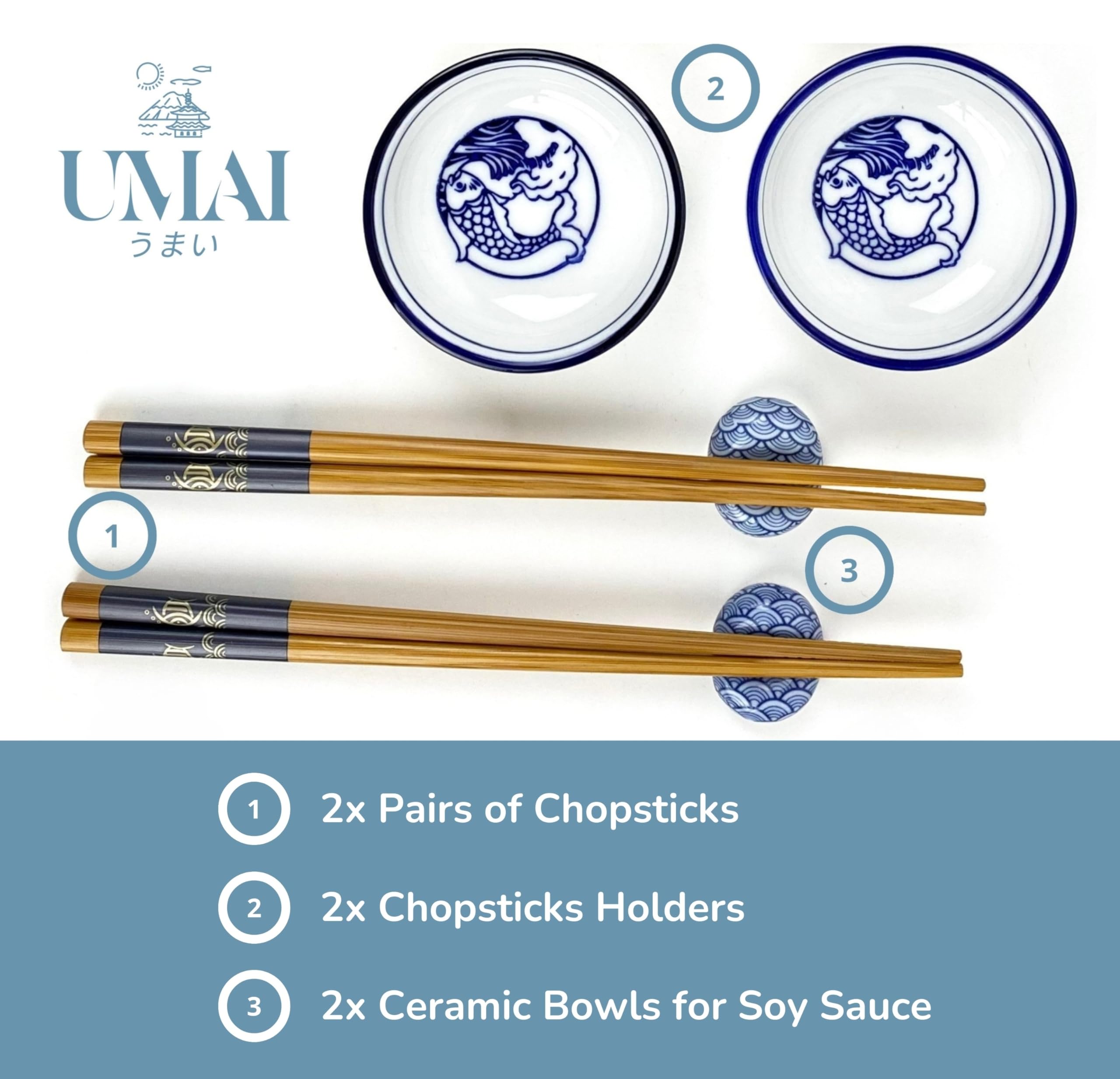 UMAI Sushi-set, bevat 2 paar herbruikbare Japanse eetstokjes 2 sojakommen 2 keramische standaarden, perfect voor Chinees eten en sushi, elegant etui, ideaal als cadeau