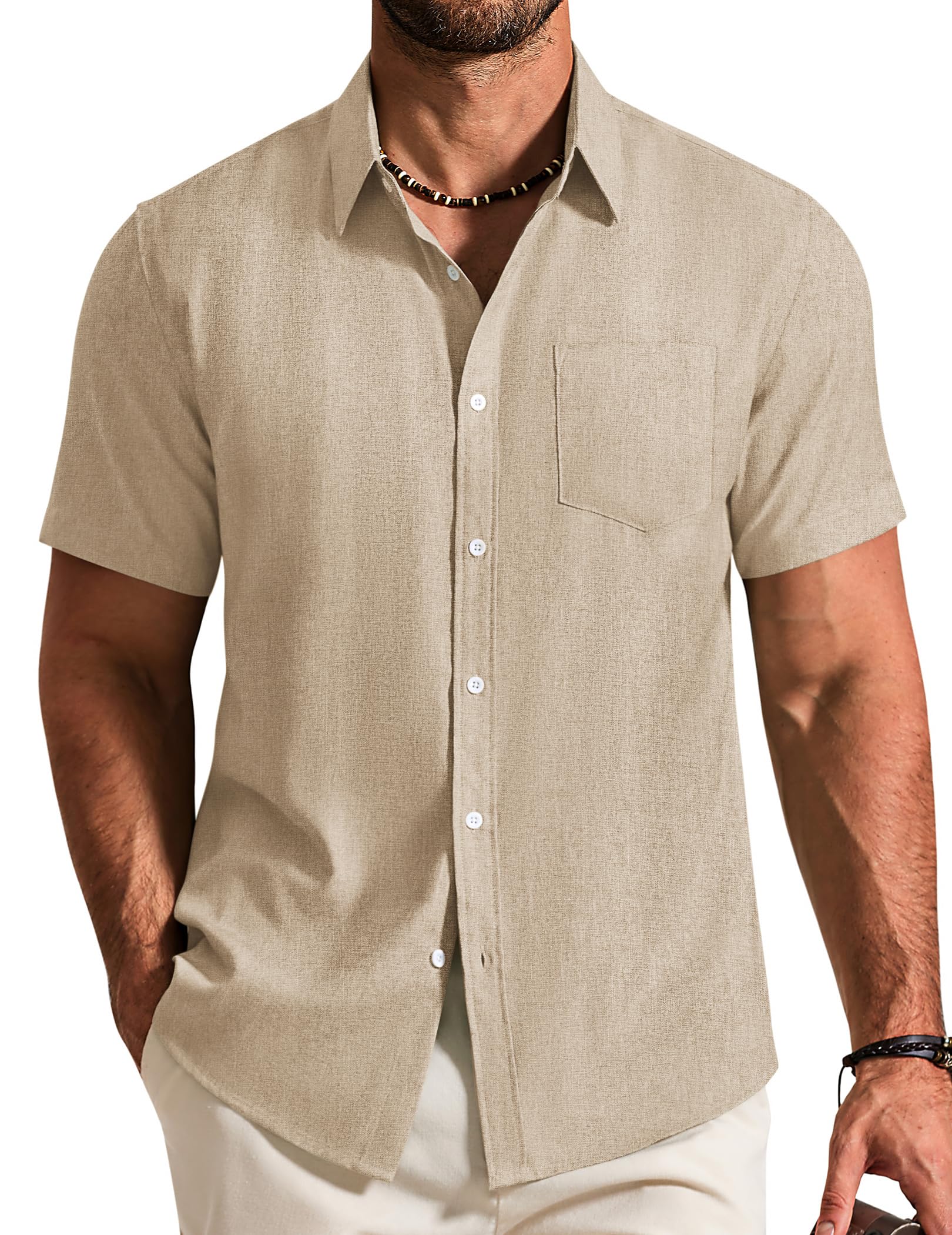 COOFANDY Hemd Herren Kurzarm Sommer Leichte Hemd Casual Strand Freizeithemd mit Tasche Khaki XL