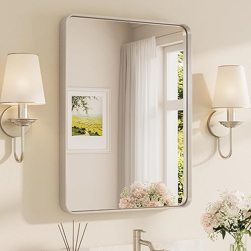 Miniatura 235 de TETOTE Espejo con marco dorado cepillado de 48 x 24 pulgadas, espejo de tocador de baño de latón para pared, moderno espejo rectangular de esquina