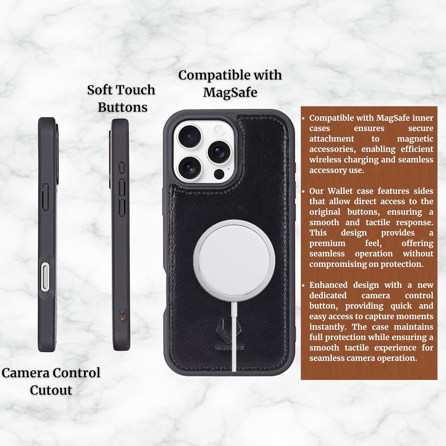 VENOULT Detachable Wallet Case for iPhone 16 Plus 6.7", Compatible with Magsafe, 4 Credit Card Holder Flip Case, RFID, Genuine Leather, Man or Women, Shock Absorbent, Magnetic (Rustic Black)