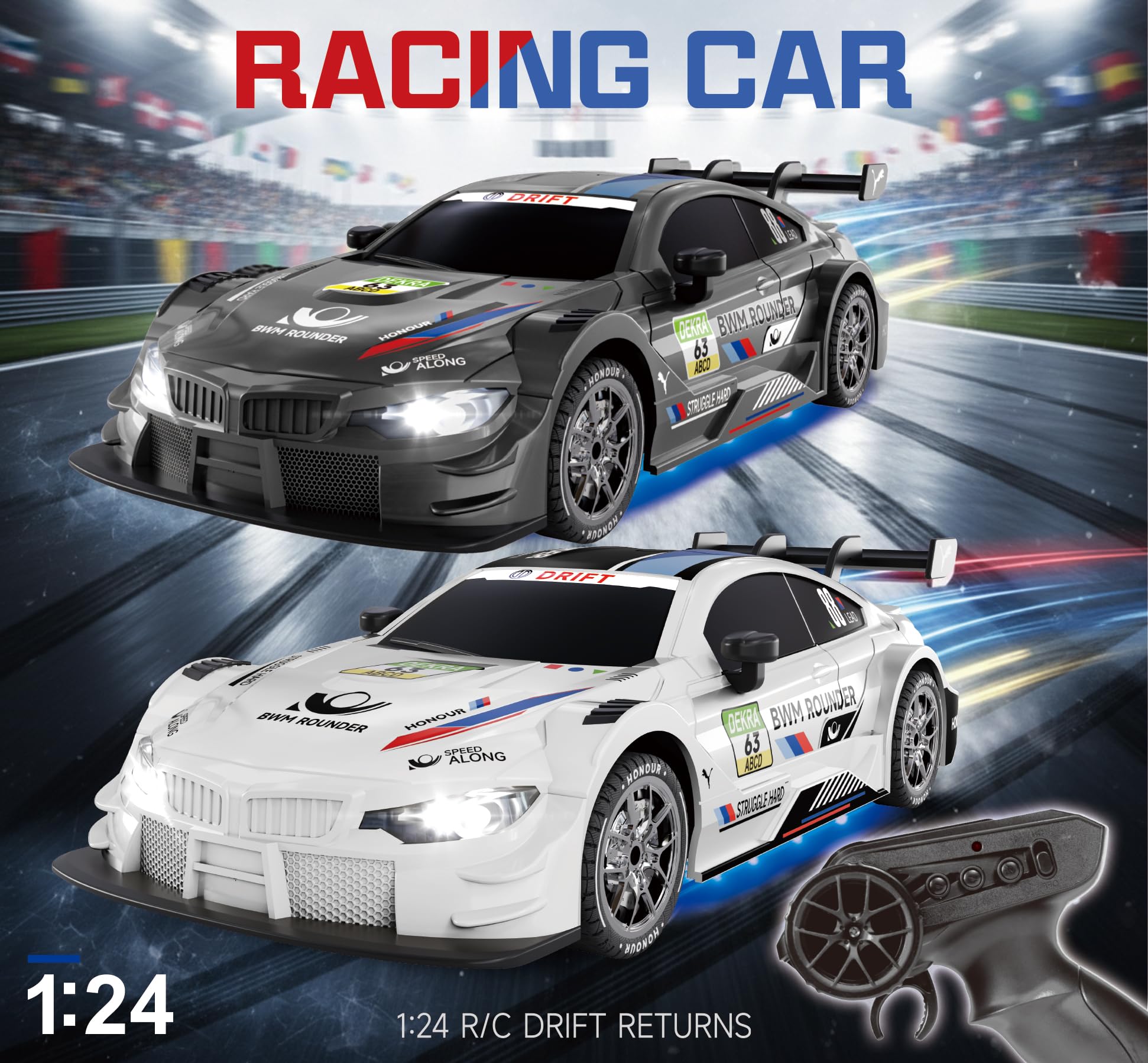 Ferngesteuertes Auto 1:24 Scale Drift Car 4WD 2.4GHz RC Drift Auto 20KM/H Hohe Geschwindigkeit Rennwagen mit Zwei Batterien, LED-Leuchten