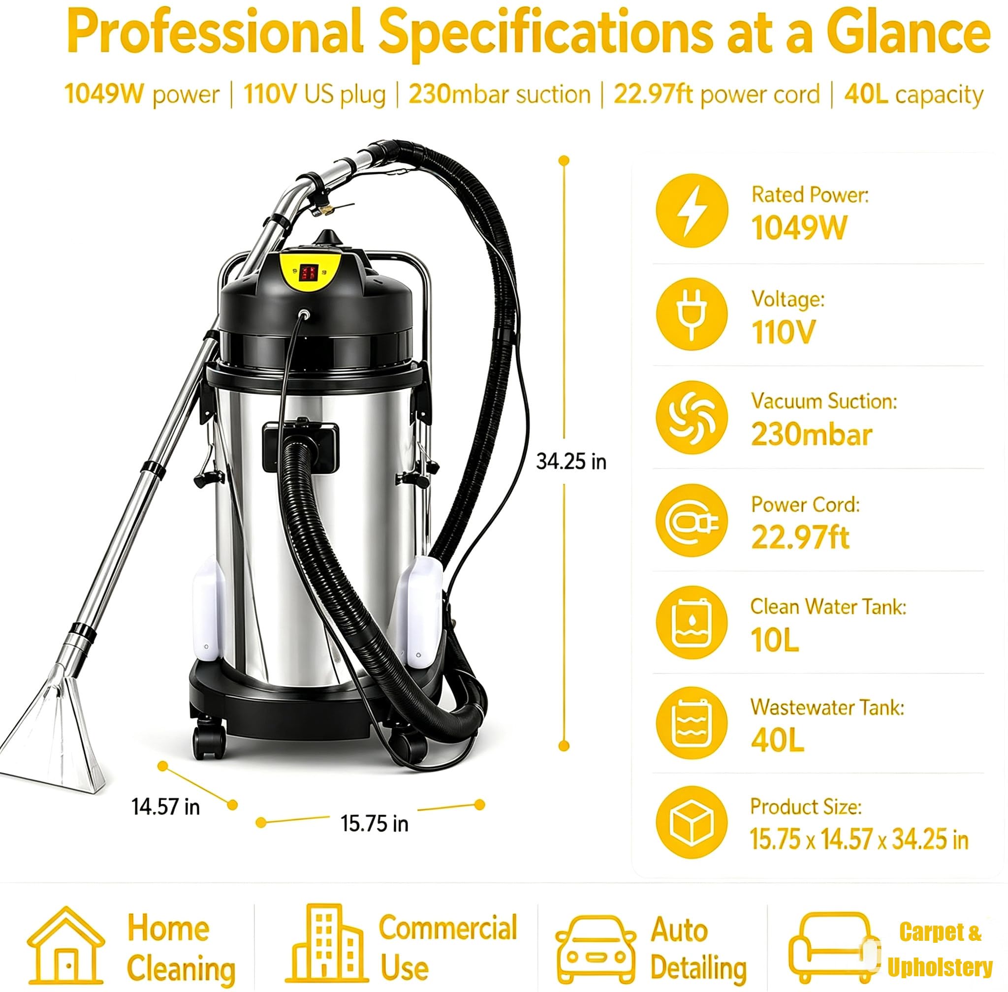 Aspiradora Lava Tapicerías 3 en 1 40L 1034W, Limpiadora de Alfombras Profesional, Máquina de Limpieza Profunda para Sofás, Coches, Moquetas y Cortinas – Cepillo INOX Incluido