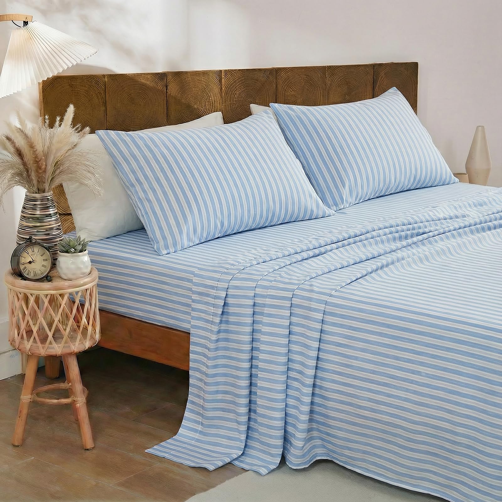 Photo 1 of Merryword Blue and White Striped Sheet Set Queen Size, 100% Cotton Fitted Sheet Set with Deep Pockets, Crisp Cool Feeling, Ribbon Stripes Design, 4-Piece All Season Bedding