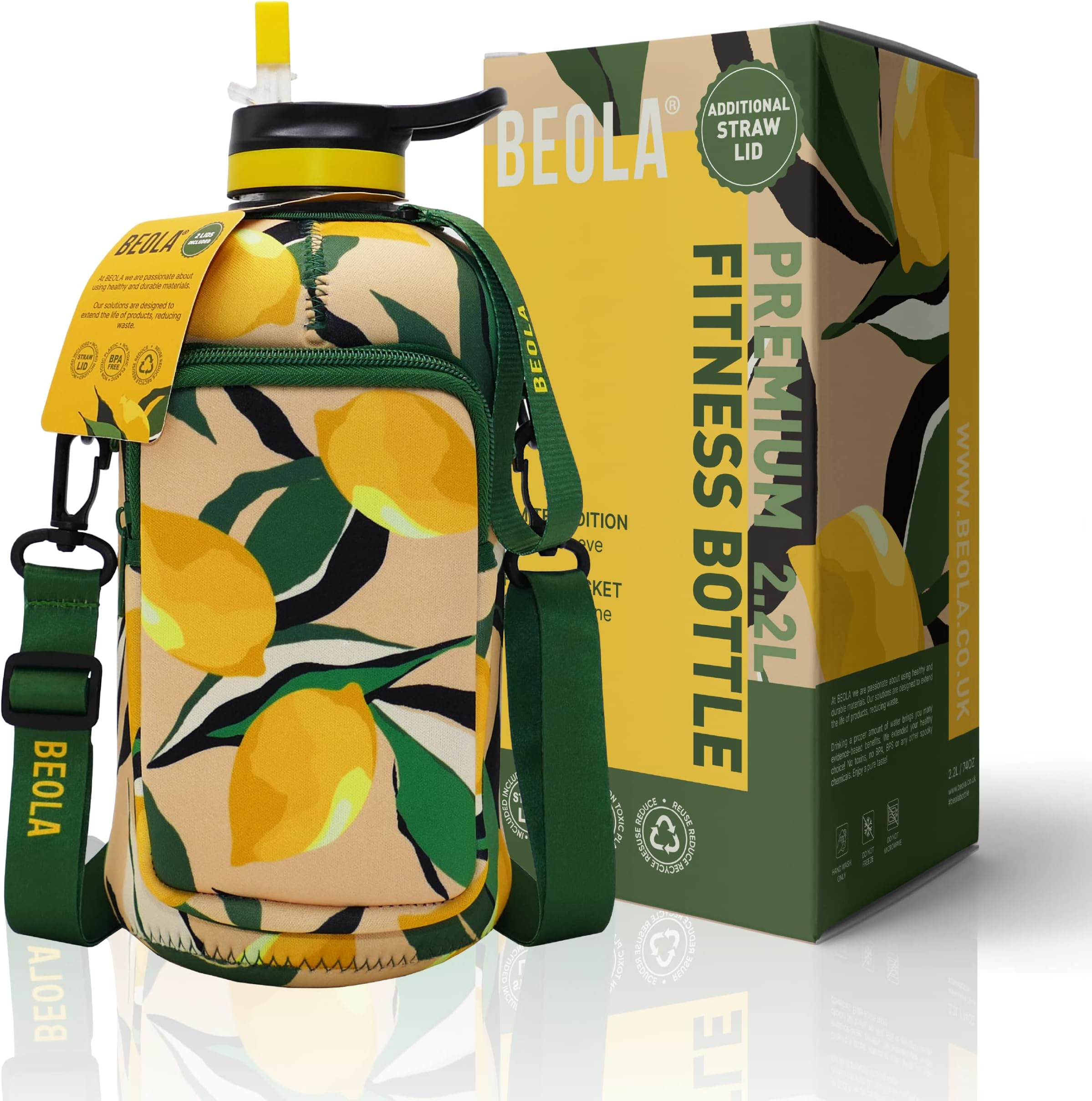 BEOLA 2.2L Half Gallon Water Bottle with STRAW LID and Cooling Sleeve, BPA Free Large Fitness Sports Bottle Jug with Handle and Phone Storage, 74oz (Life Lemons)