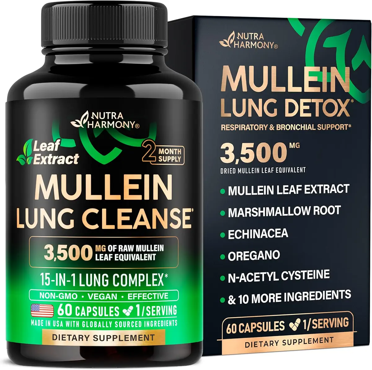 Mullein Leaf Extract for Lung Detox - Marshmallow Root | Echinacea | Oregano | Quercetin | NAC - 15-in-1 Lung Support &amp; Cleanse for Smokers Supplement - Made in USA - As Drops, Tincture - 60 Capsules