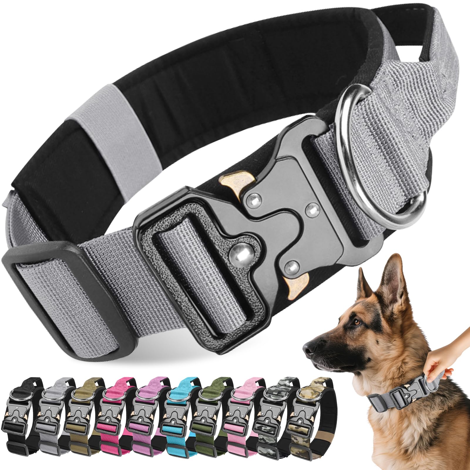 Tactical Dog Collar with Handle, Soft Padded Breathable Pet Collar with Heavy Duty Metal Buckle, Durable Adjustable Military Nylon Dog Collar for Small Medium Large Dogs Training (Grey, XL)