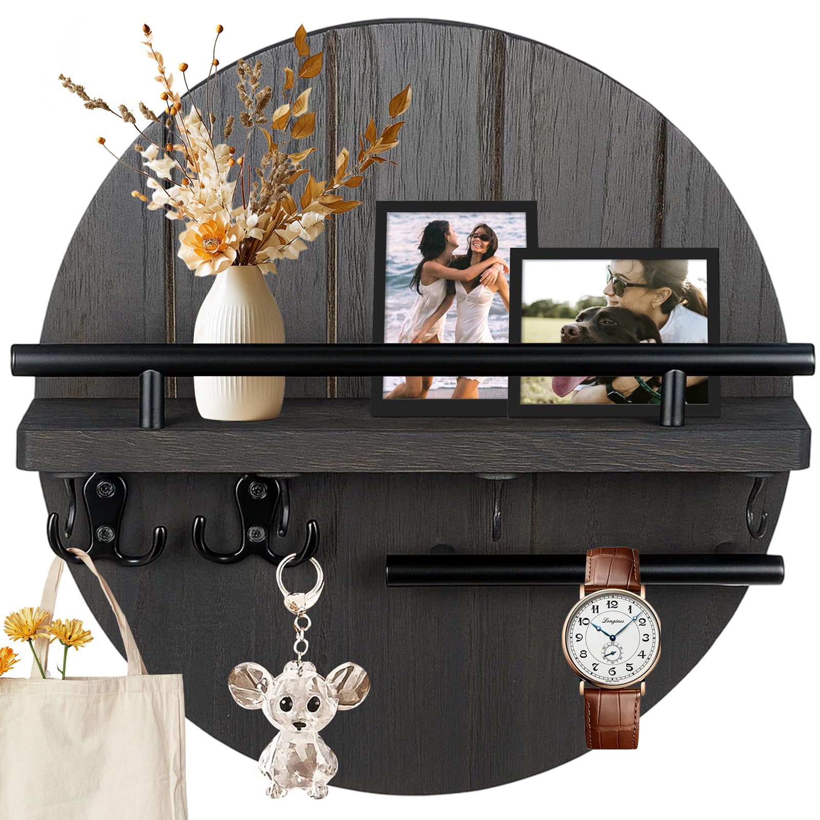 Greenwhim Black Circular Wooden Key Holder For Wall With Shelf, Rustic Wall Mounted Key Rack With 8 Hooks Entryway Mail Organiser Key Hanger For Hallway, Kitchen, Office (, 11.8 Inch)