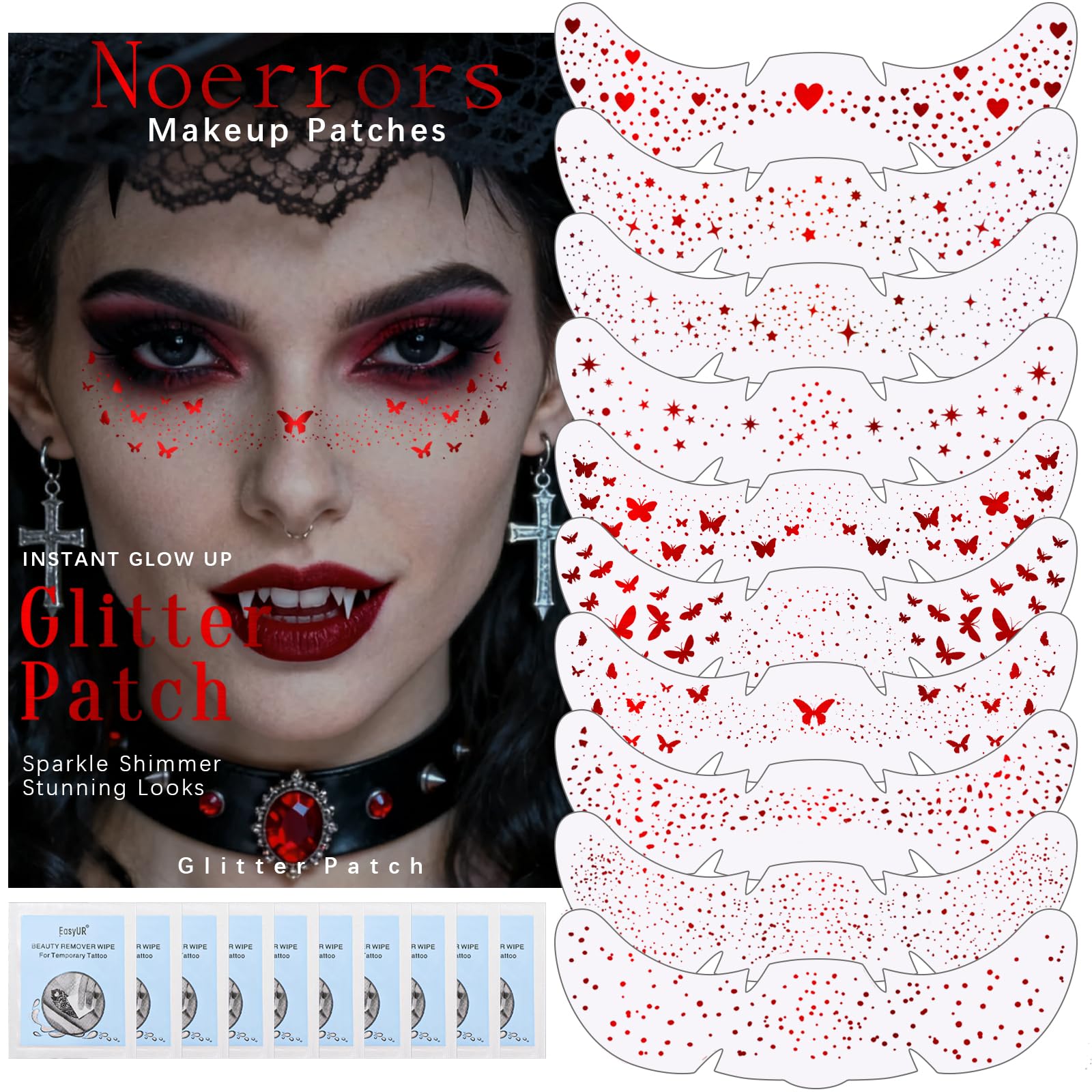 Noerrors 10pcs Glitter Freckles Face Tattoo, Red Sparkle Face Glitter Speckles Patches