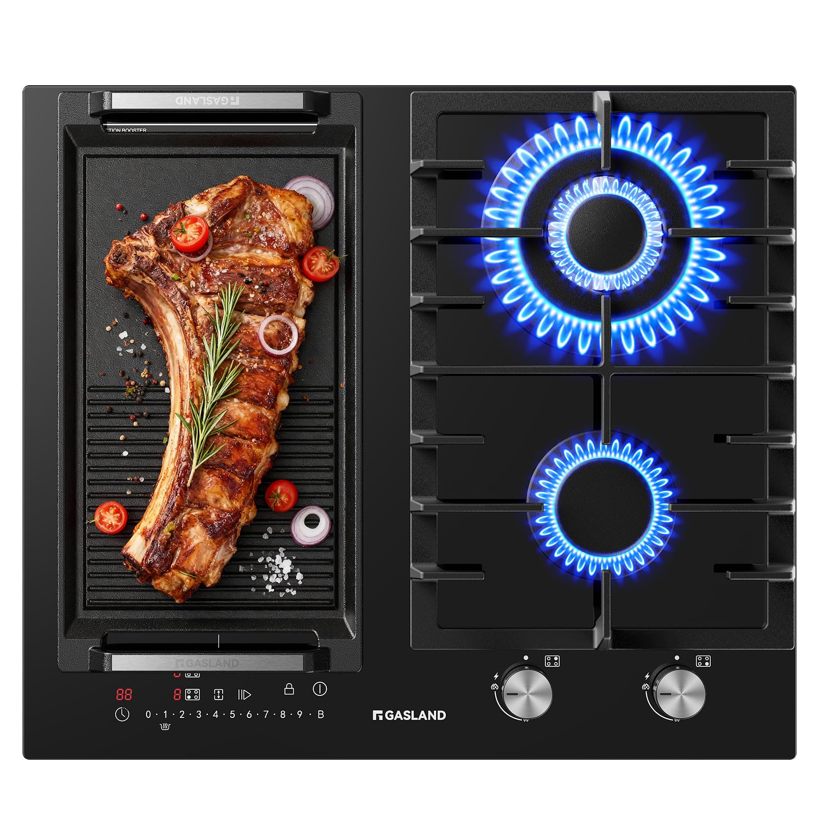 GASLAND GIH604BF Piano cottura a gas e a induzione 60 cm, Gas 5200 W con bruciatore wok, Induzione 3500 W con funzione BBQ, Vetro nero da incasso (Senza padella)