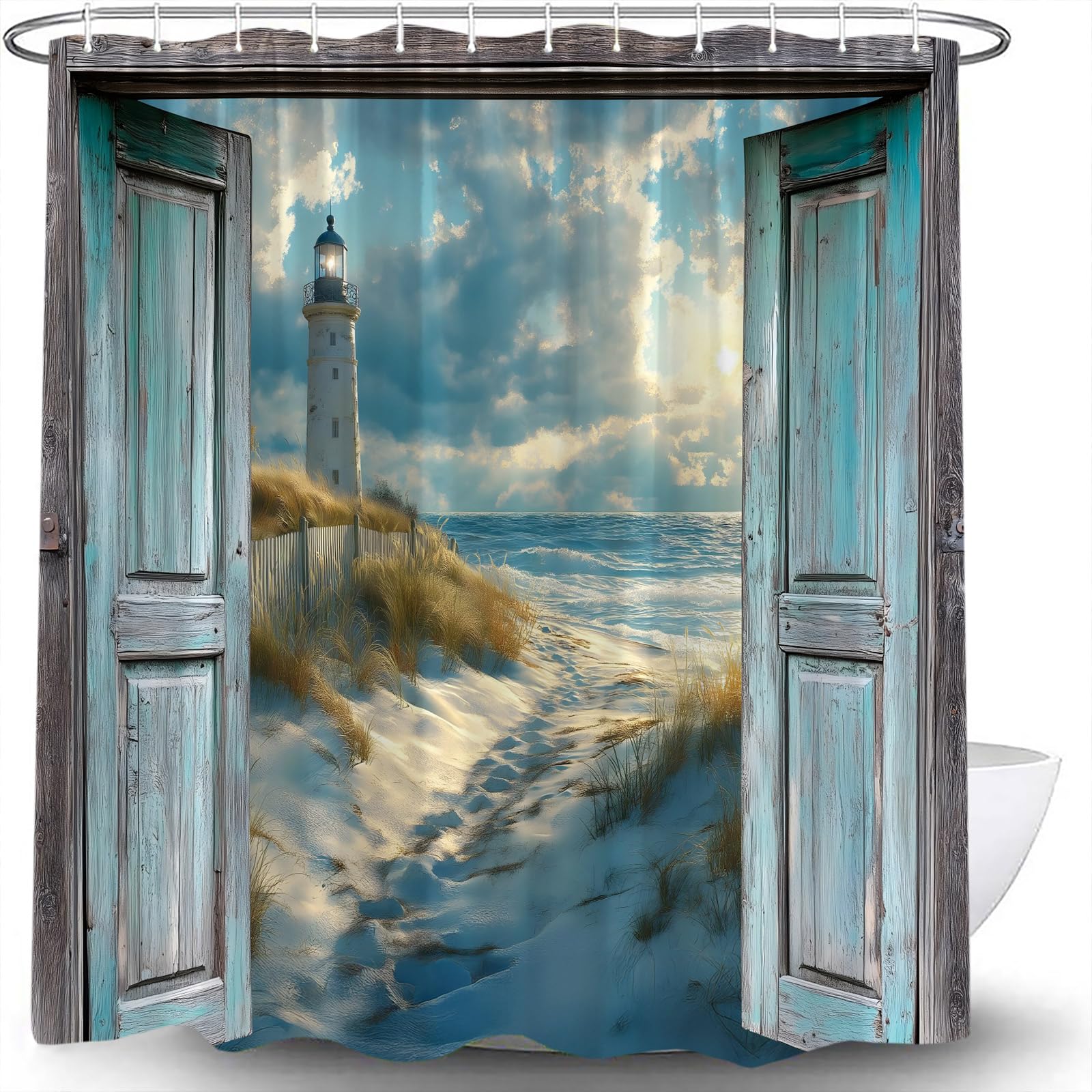 LAEDCIITI Beach Ocean Coastal Shower Curtain Lighthouse Rustic Teal Wooden Barn Door Hawaiian Sunset Sea Wave Retro Blue Seaside Scenery Landscape Nature Beachy Fabric Bathroom Curtain Set with Hook