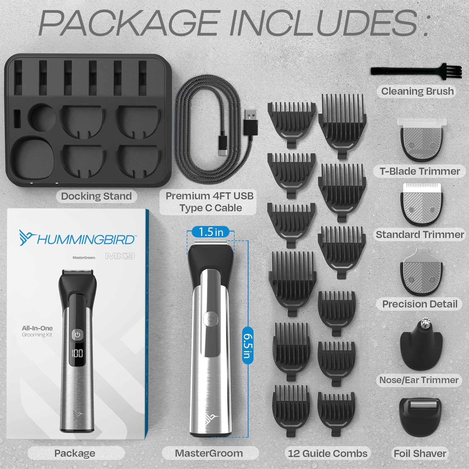 Hummingbird MK9 MasterGroom - Recortadora todo en uno, kit de aseo para hombre, 21 piezas, para barba, cabeza, cabello, cuerpo y cara, impermeable, acero inoxidable, recargable por USB C, pantalla LED