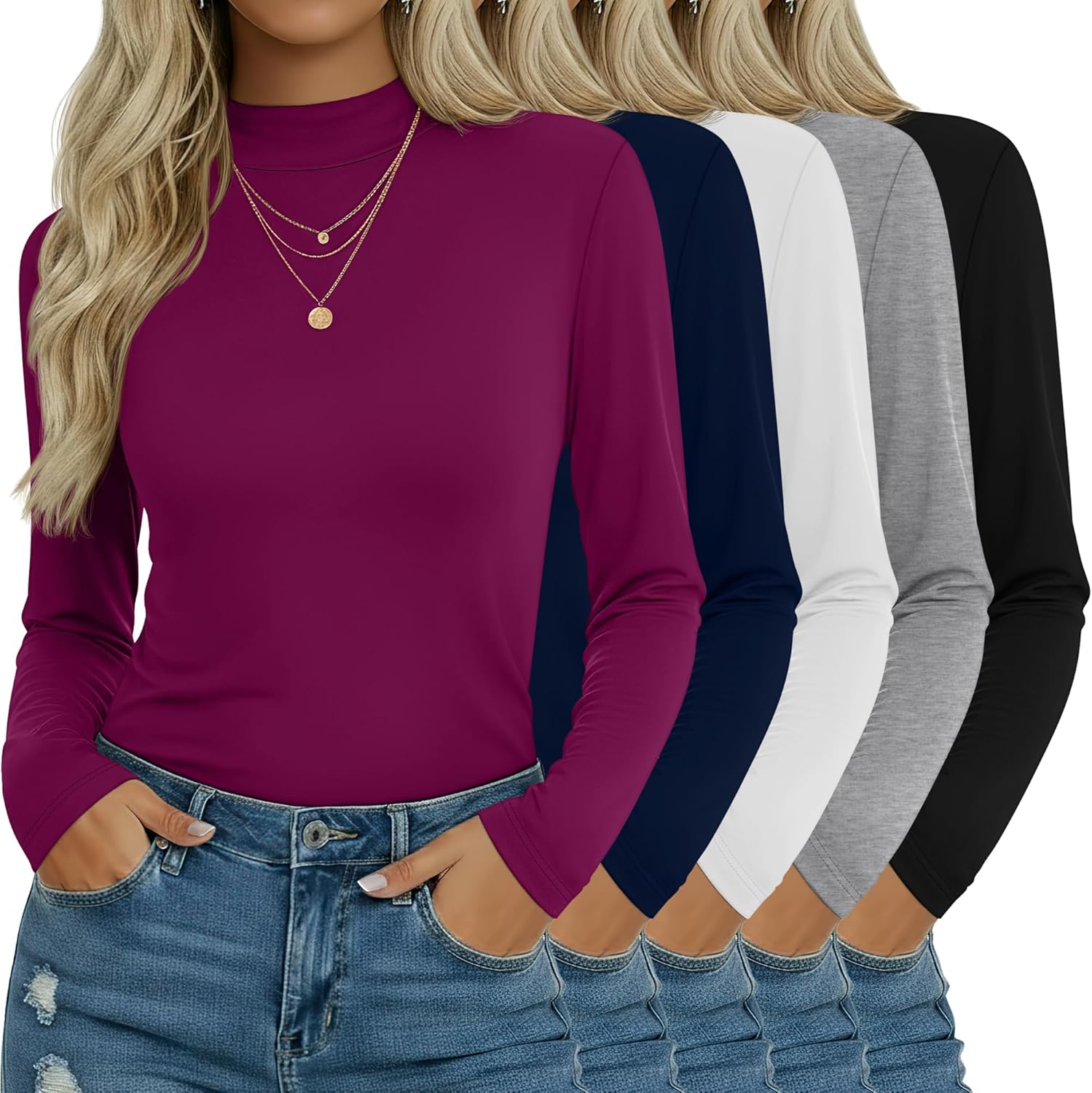 5 Pack Women's Mock Turtleneck Tops Long Sleeve Multipack Base Layer Slim Fit Casual Bulk Undershirts Thermal Tees
