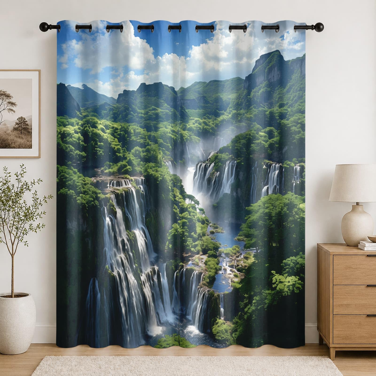 Genérico Cortinas Opacas 140An x 260Al cm (2 Paneles), Paisaje de Cascada Natural Visillo Reductoras Acusticas Antiruido Ojales Dormitorios， Verde Cortina Termicas PoliéSter para Sala de Estar