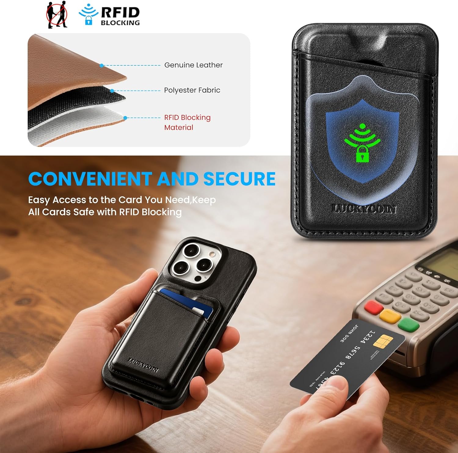 LUCKYCOIN for iPhone 16 Pro Wallet Phone Case with Detachable Magnetic Card Holder, Genuine Full Grain Leather, Compatible with MagSafe, Handcrafted Slim Full Body Protective Cover - Black