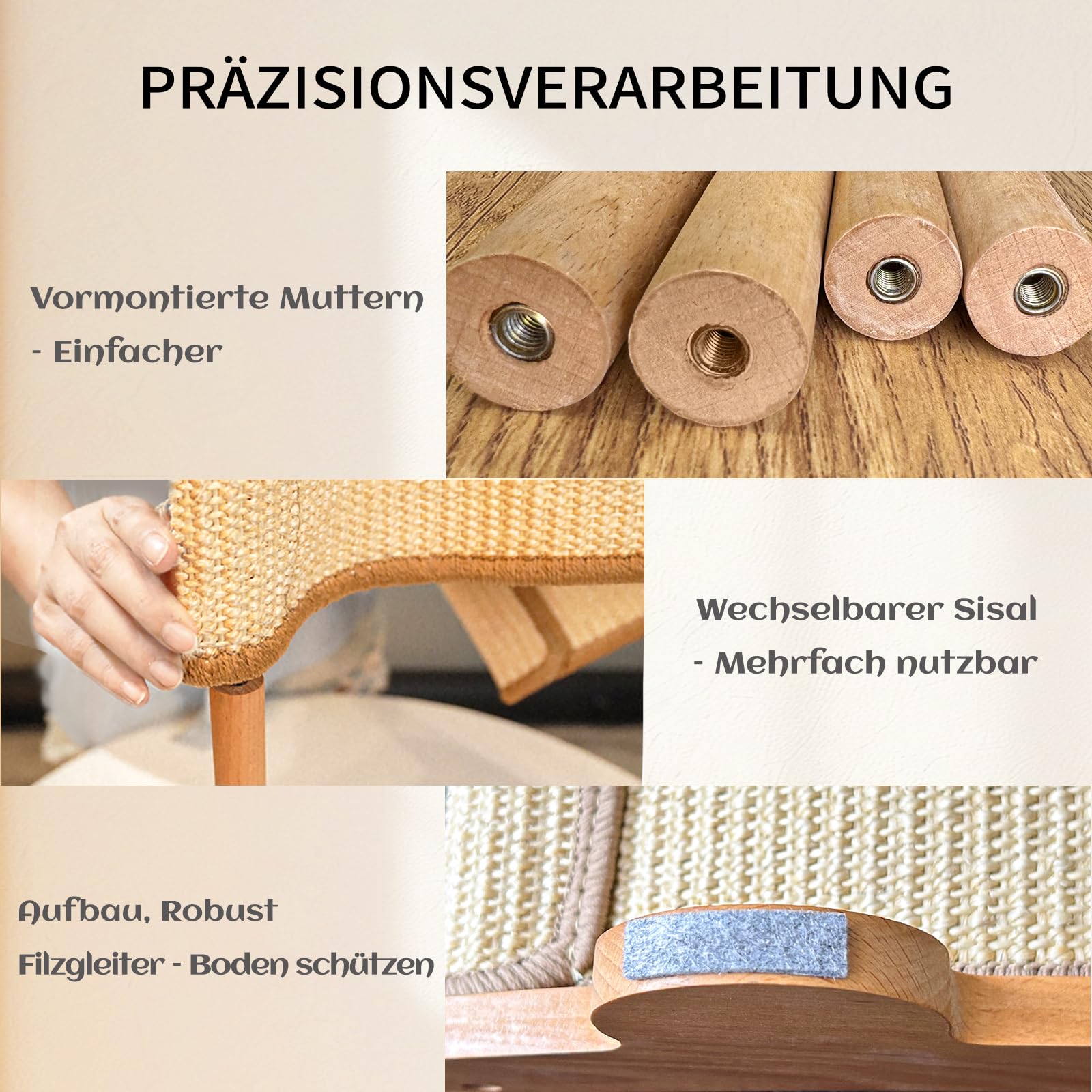 CheerPals Sisal Kratzbrett Katzen - 160° Gebogenes Design, Massives Buchenholz & Natürliche Sisal Pad Katze Kratzmatte, Extra Große 60x35x15cm Kratzmöbel für alle Katzen