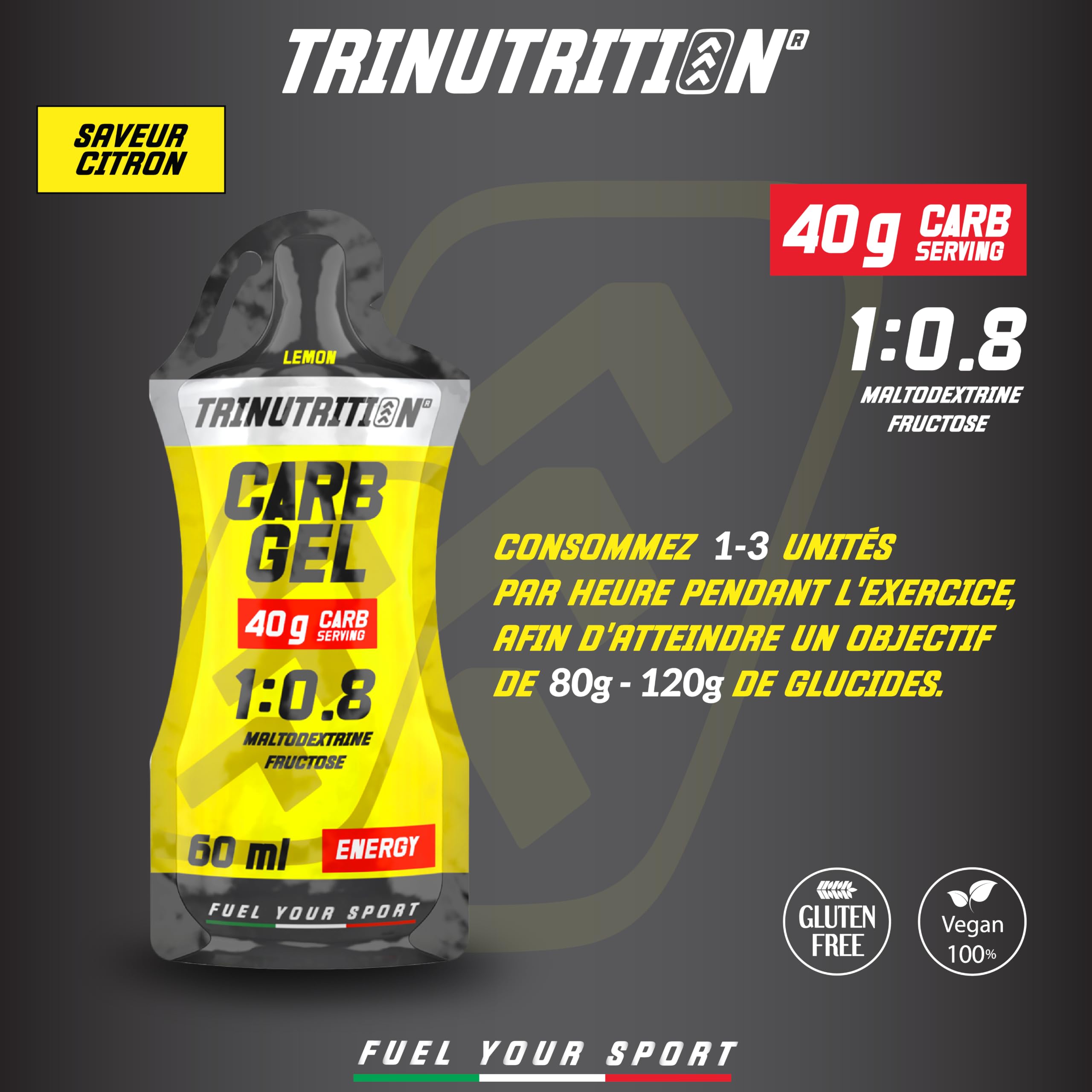 CARB GEL 15 x 60ml – Gel Énergétique Citron – 40g Glucides par Dose – Ratio 1:0,8 Maltodextrine & Fructose – Endurance, Vélo, Course, Trail – Vegan & Sans Gluten