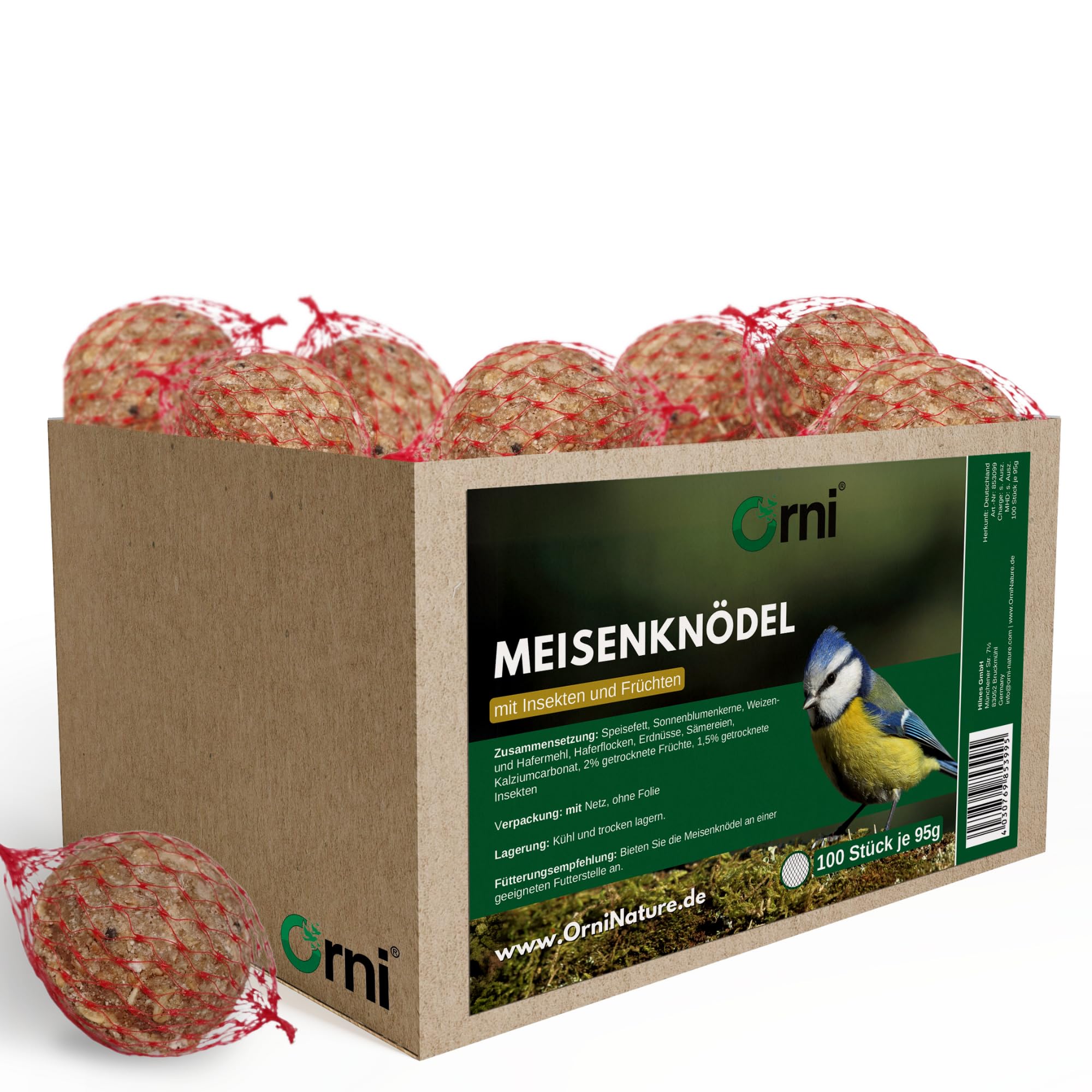 Orni 100 Stück Insektenknödel mit Netz | Leckere Meisenknödel mit Insekten für heimische Wildvögel | ganzjährig für Frühling, Sommer, Herbst und Winter | Fettfutter zum Aufhängen