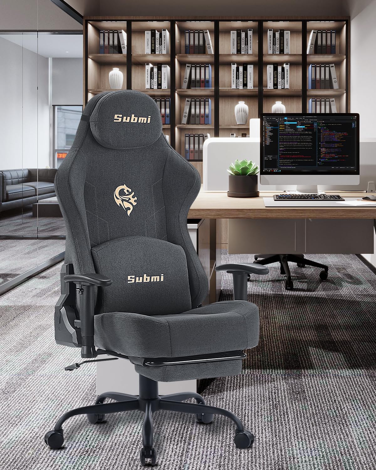 Gaming Sessel, Ergonomischer Stoff PC Gaming Stuhl, Gamer Stuhl mit Fußstütze, Gaming Chair mit Kopfstütze & Lendenstütze, Computerstuhl für Erwachsene, Teenager (Dunkelgrau)