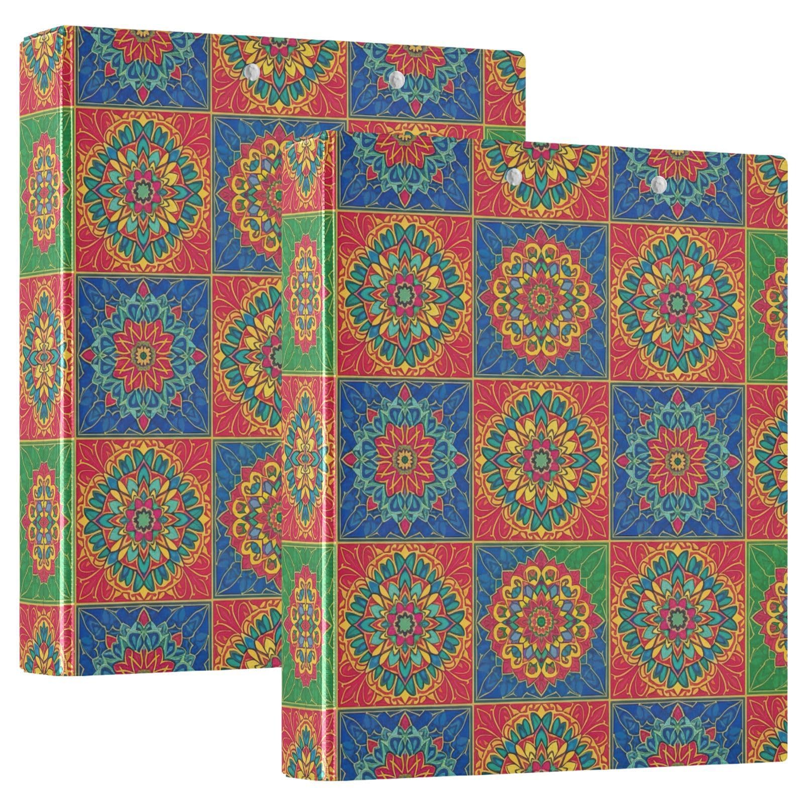 Raccoglitore a 3 anelli, motivo mandala bohémien, colorato, con portablocco, confezione da 2