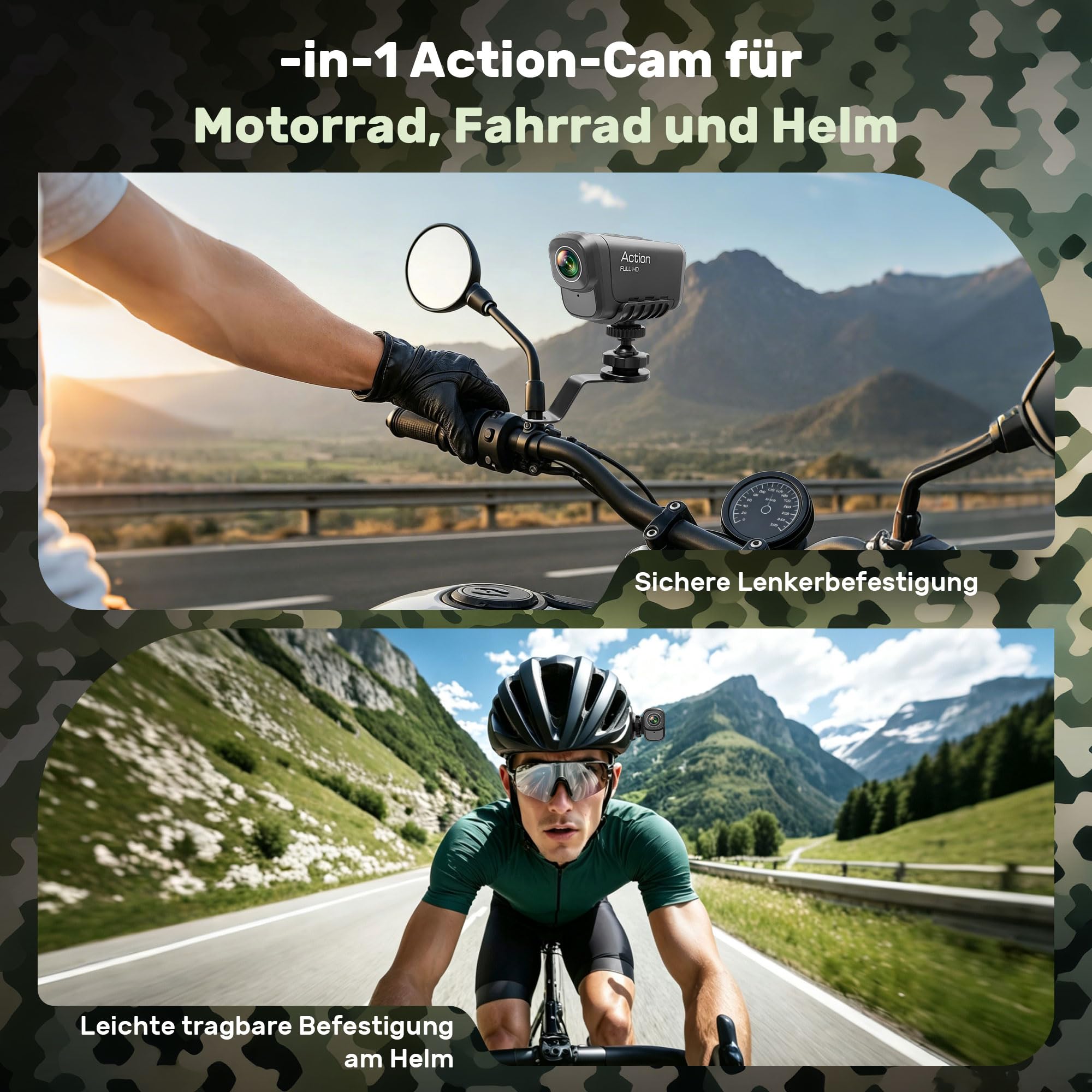 Action Cam 4K+1080P,Dashcam Motorrad,120° Weitwinkel Helmkamera Motorrad,Dashcam Auto vorne hinten mit GPS,Wasserdichter,6 Stunden großer Akku motorrad kamera für Motorräder,E-Bikes&Outdoor