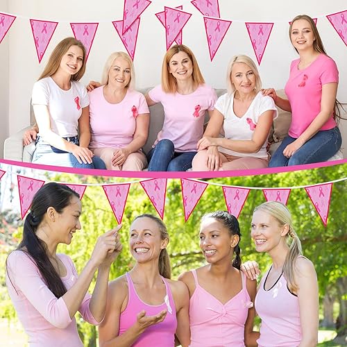 Miniatura 4 de Peryiter 200 banderines de concientización sobre el cáncer de mama de 207 pies de cinta rosa banderín de banderín rosa blanco esperanza fe fuerza