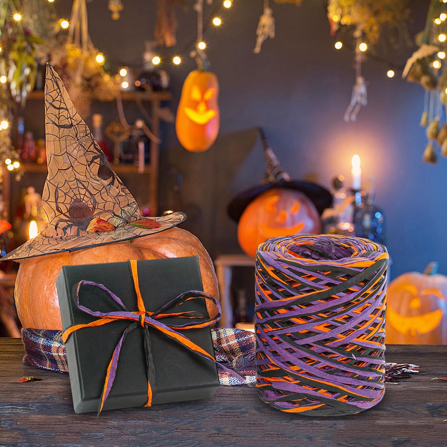 2Pack Halloween Raffia Ribbon, 787 Feet Black Purple Orange Raffia Ribbon Gift Wrapping Paper Ribbons Packing Paper String for DIY Crafts Halloween Decor
