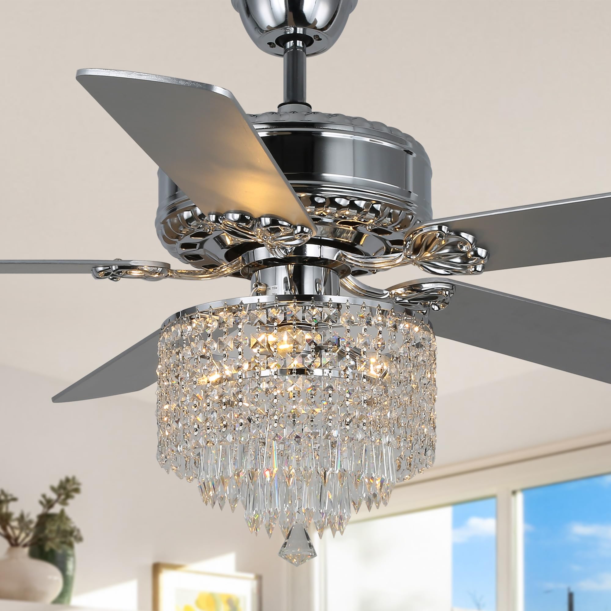 Bella Depot 52" Crystal Chandelier Ceiling Fan with Light and Remote, Dual-Sided Blades Modern Chandelier Fan for Living Room Dining Room Bedroom