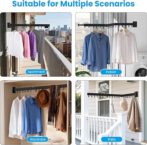 Miniatura 8 de Tendedero para ropa montado en la pared, retráctil plegable (tres pliegues) ahorrador de espacio, negro con 18 ganchos para lavandería, organización