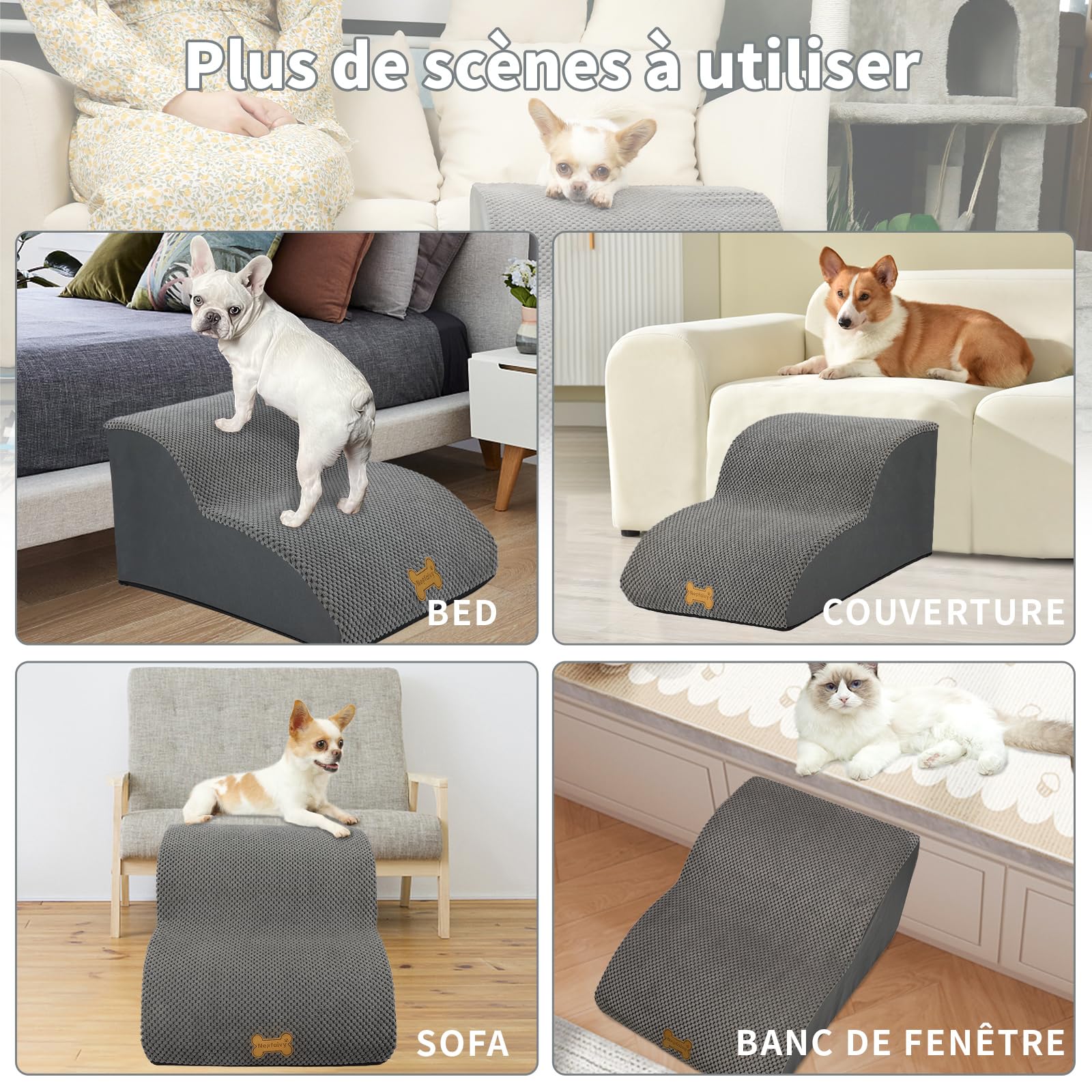 Escalier pour Chien à 2 Marches - Rampe en Mousse Haute Densité avec Housse Amovible et Fond Antidérapant, 55x40x30cm