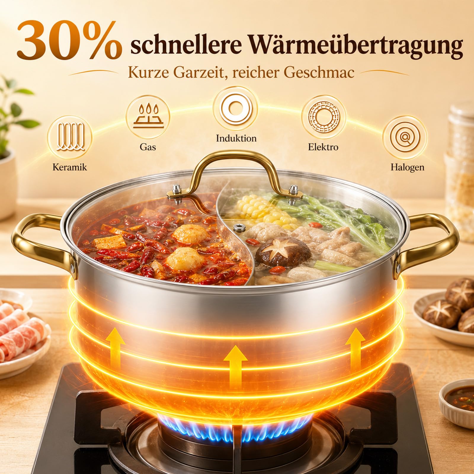 Hot Pot - Pentola cinese in acciaio inox Yin Yang Hotpot per padella a induzione, adatta per tutti i tipi di fornelli, adatta per forno (30 cm)