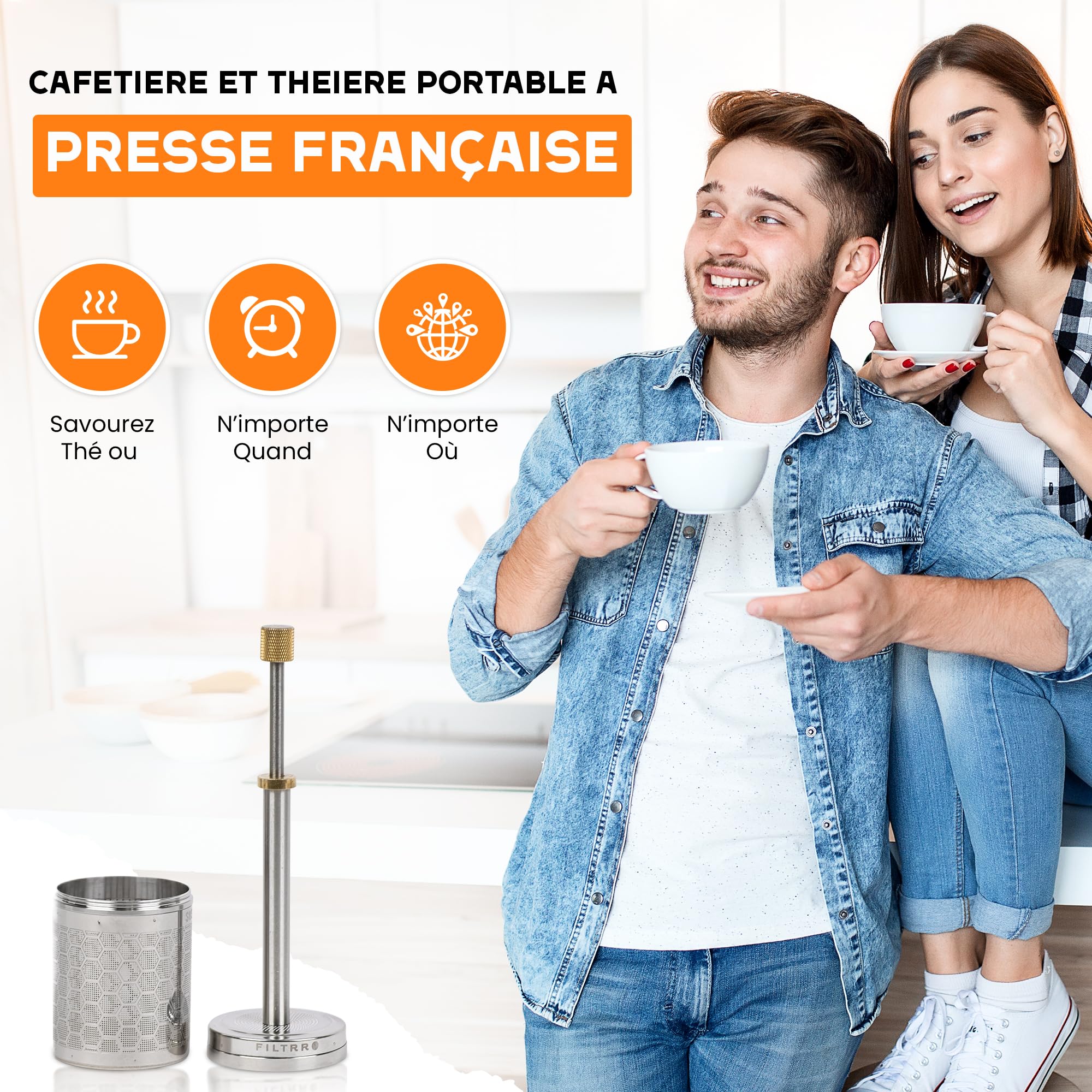 Prensa de filtro portátil de acero inoxidable para café y té, filtro reutilizable sin papel