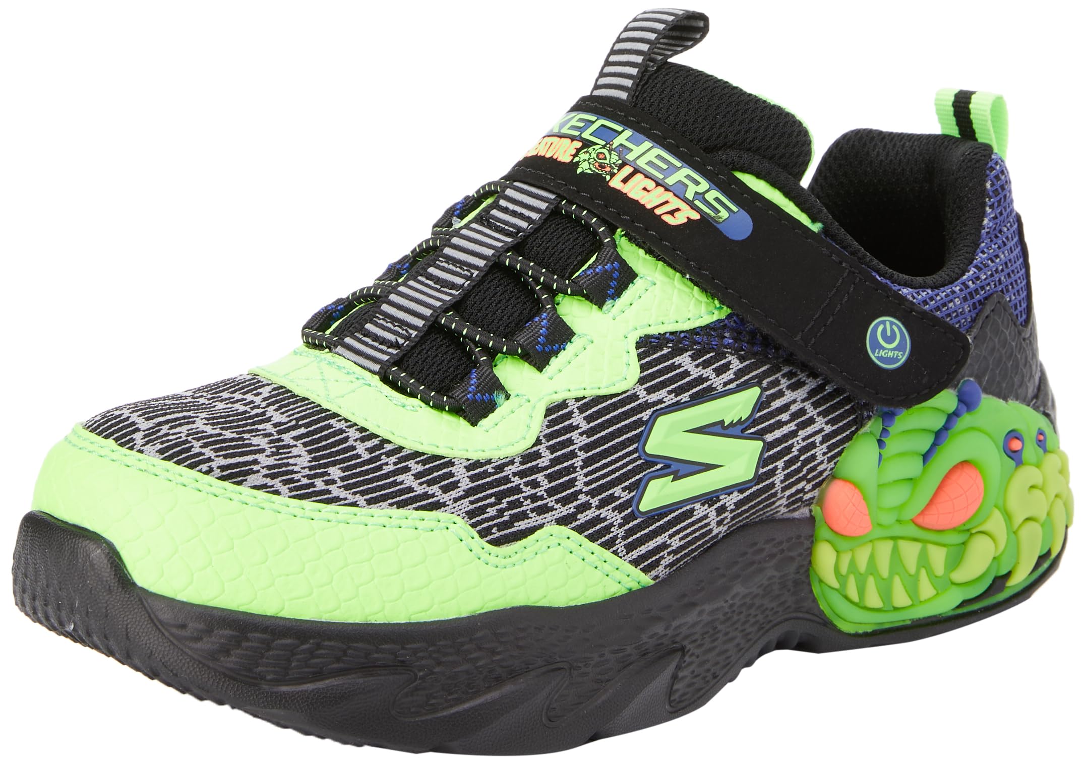 Skechers Scarpe da Ginnastica Creature-Lights Bambino, Finiture in Tessuto Sintetico Nero Lime, 4 UK