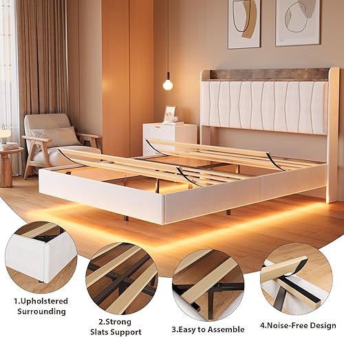 Miniatura 6 de GarveeHome Base de cama flotante Queen con luces LED y estación de carga USB, moderna plataforma tapizada con cabecero, soporte de listones de