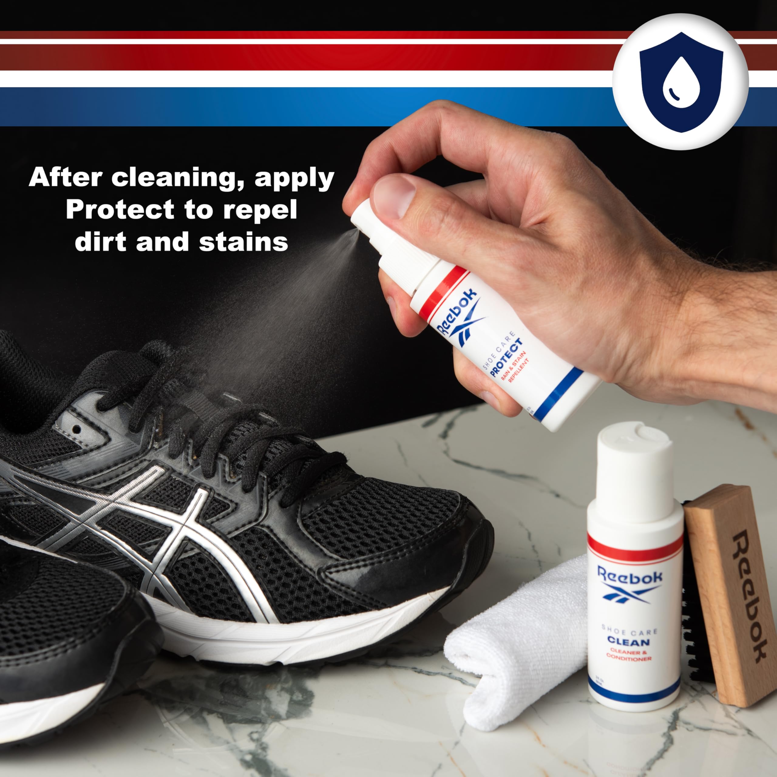 Reebok Athletic Kit - Kit de limpieza de zapatos para tenis, malla, cuero, gamuza y lona - Kit de limpieza de zapatos, incluye limpiador de zapatos de 2 onzas, spray protector de zapatos de 2 onzas,
