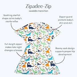 SleepingBaby Zipadee-Zip Transition Swaddle - Cozy Baby Swaddle Blanket with Zipper Convenience - Roomy Wearable Blanket for Easy Diaper Changes - Dino, Small (4-8 Month)