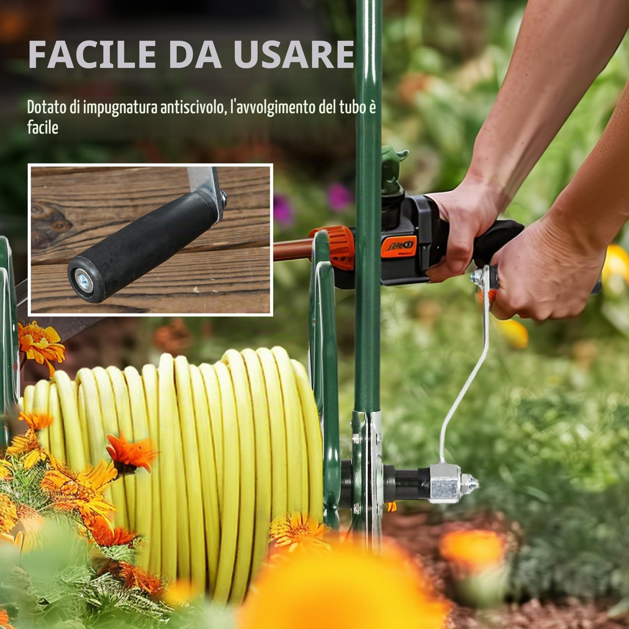 Outsunny Carrello tubo da giardino su ruote 30m Ø16mm Metallico Verde