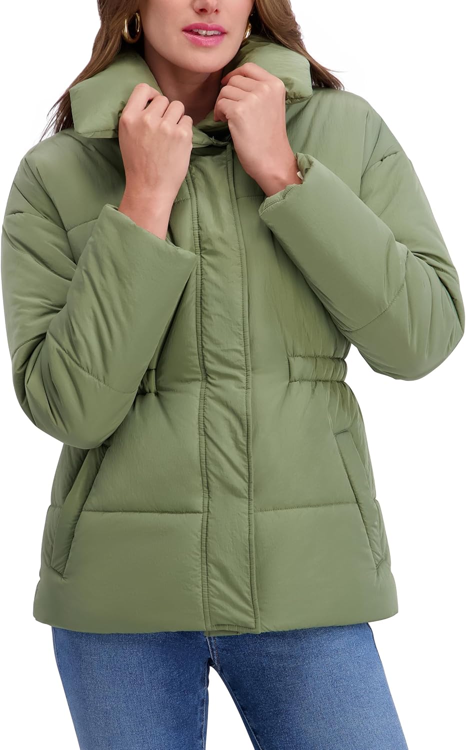 kensie womens Outerwear Envelope Collar Crinkle Fabric Anorak Puffer Jacket