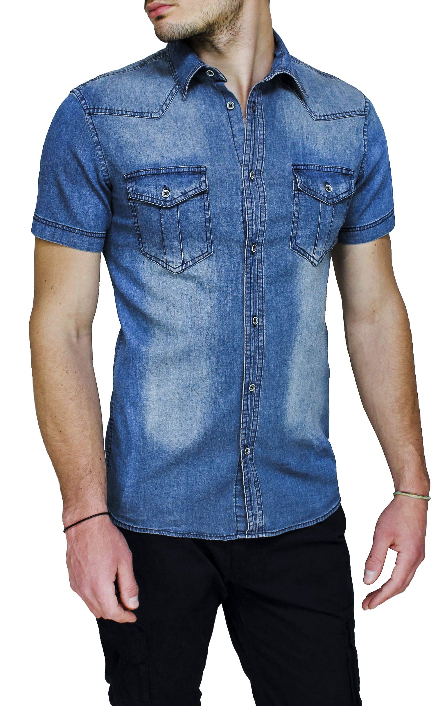 Camicia di Jeans Uomo Denim a Maniche Corte Casual Slim Fit Estiva