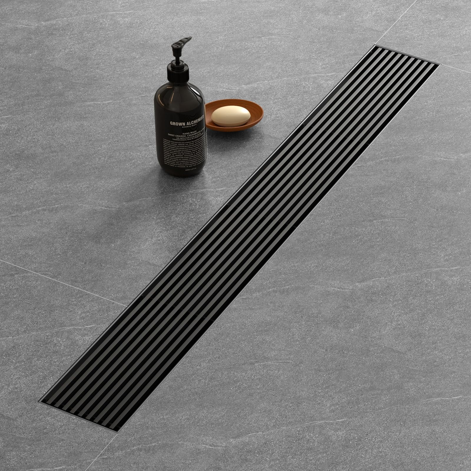 28 inch linear shower drain with removable wedge wire pattern grate, matte black 304 stainless steel rectangle shower floor drain for bathroom, cupc certified, with hair strainer