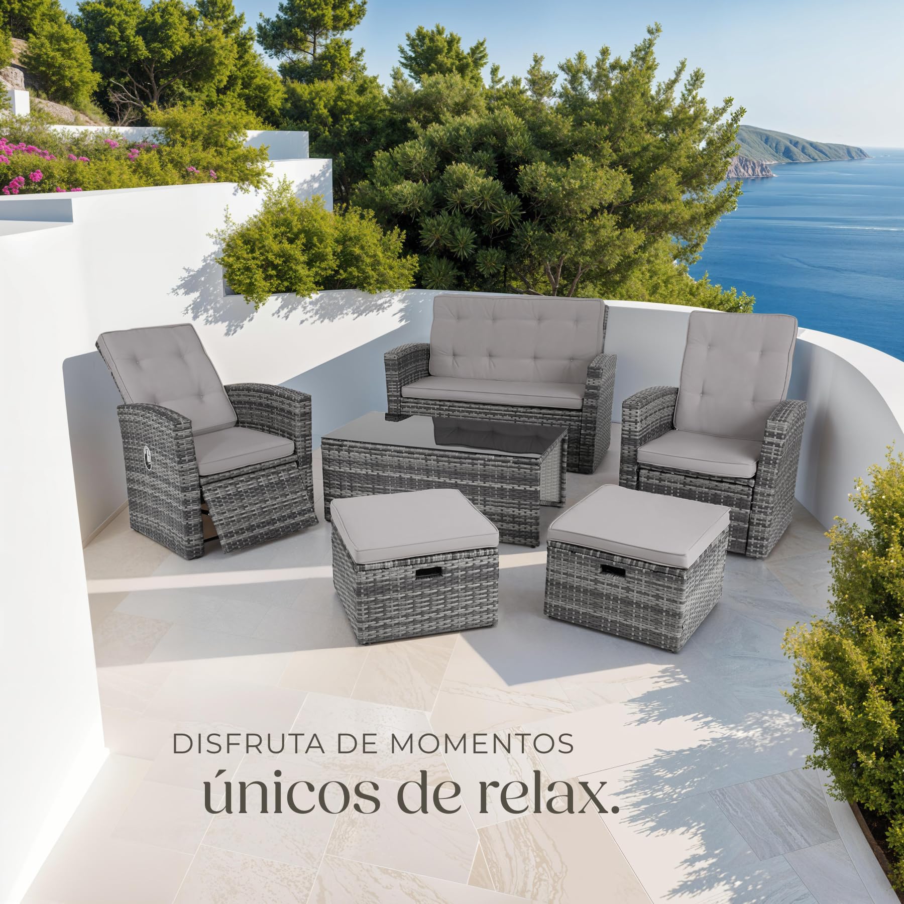 tectake® Conjunto Jardín de Ratán con Pies y Respaldo Ajustable, Muebles Jardín Exterior 1 Sofá, 2 Sillones, 2 Taburetes, 1 Mesa con Cristal, Conjunto Terraza con Cojines y Fundas Extraíbles - Negro